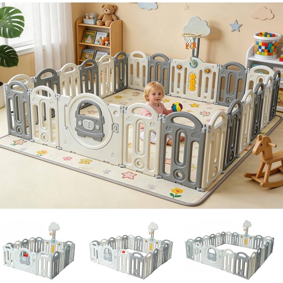 GALACTICA Foldable Baby Playpen Grey and White