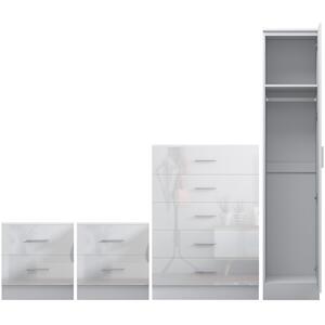 REFLECT 1 Door Wardrobe, 5 Drawer Chest, 2 Bedsides - White High Gloss Set