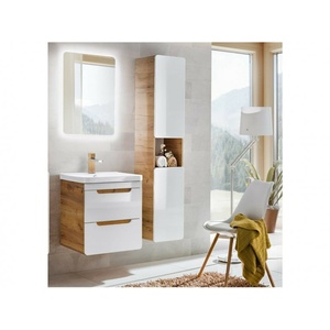 Bathroom Set 400mm 2 drawer wall vanity, ceramic sink and tall cabinet in Oak and White Gloss.