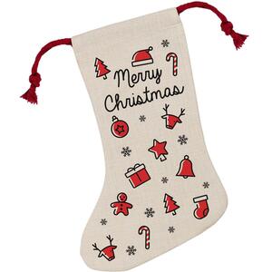 Merry Christmas Icons Stocking - Novelty Xmas Gift - Linen-Style With Red Drawstring Ties