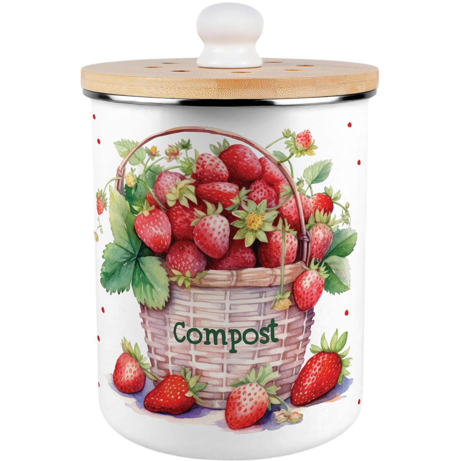 Purely Home Strawberry Basket Compost Caddy - Metal 2L Decorative Kitchen Food Waste Bin - Red