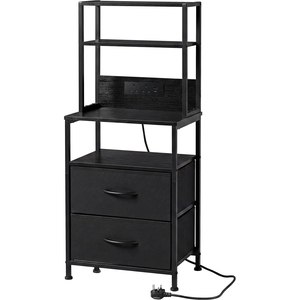Bedside Table with Charging Station LED Light 2 Drawers Black
