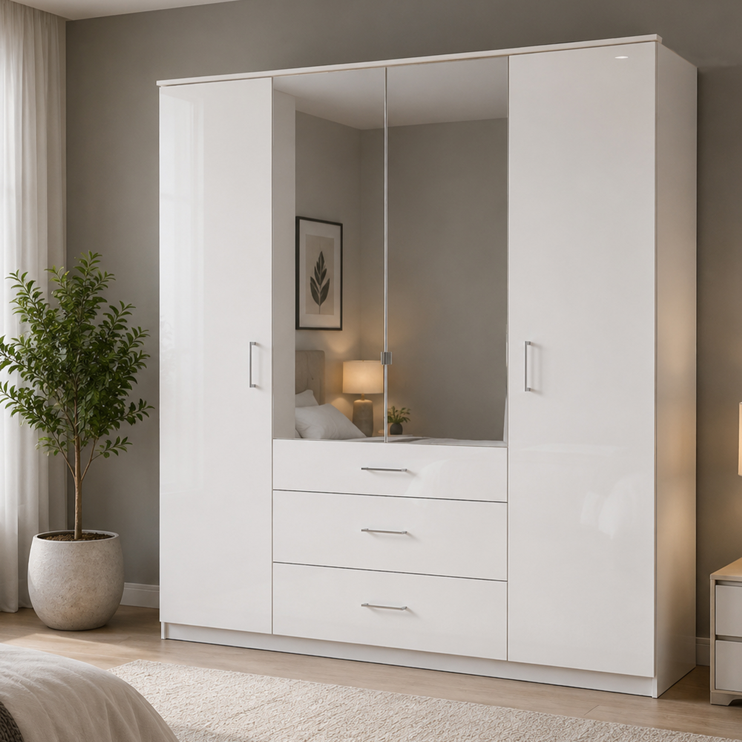 Kdmd Clack White Gloss 4 Door Mirrored 180 Cm Wardrobe - White