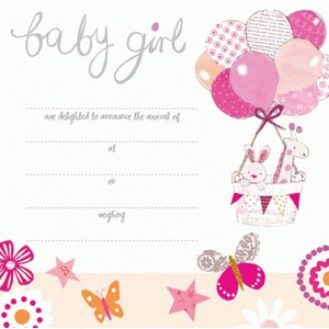 Baby Girl birth announcement card Balloons & butterfly design 3 Pack