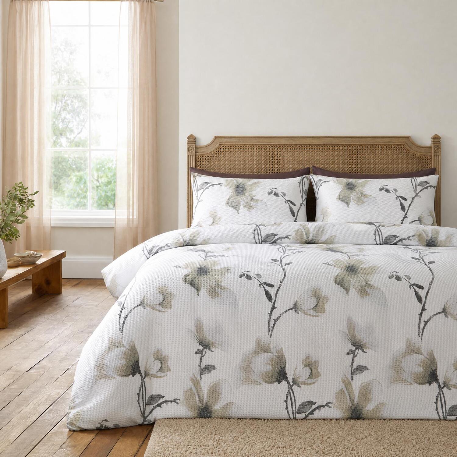 OHS Botanics Embossed Waffle Duvet Cover Set with Pillowcase in White | Size: King