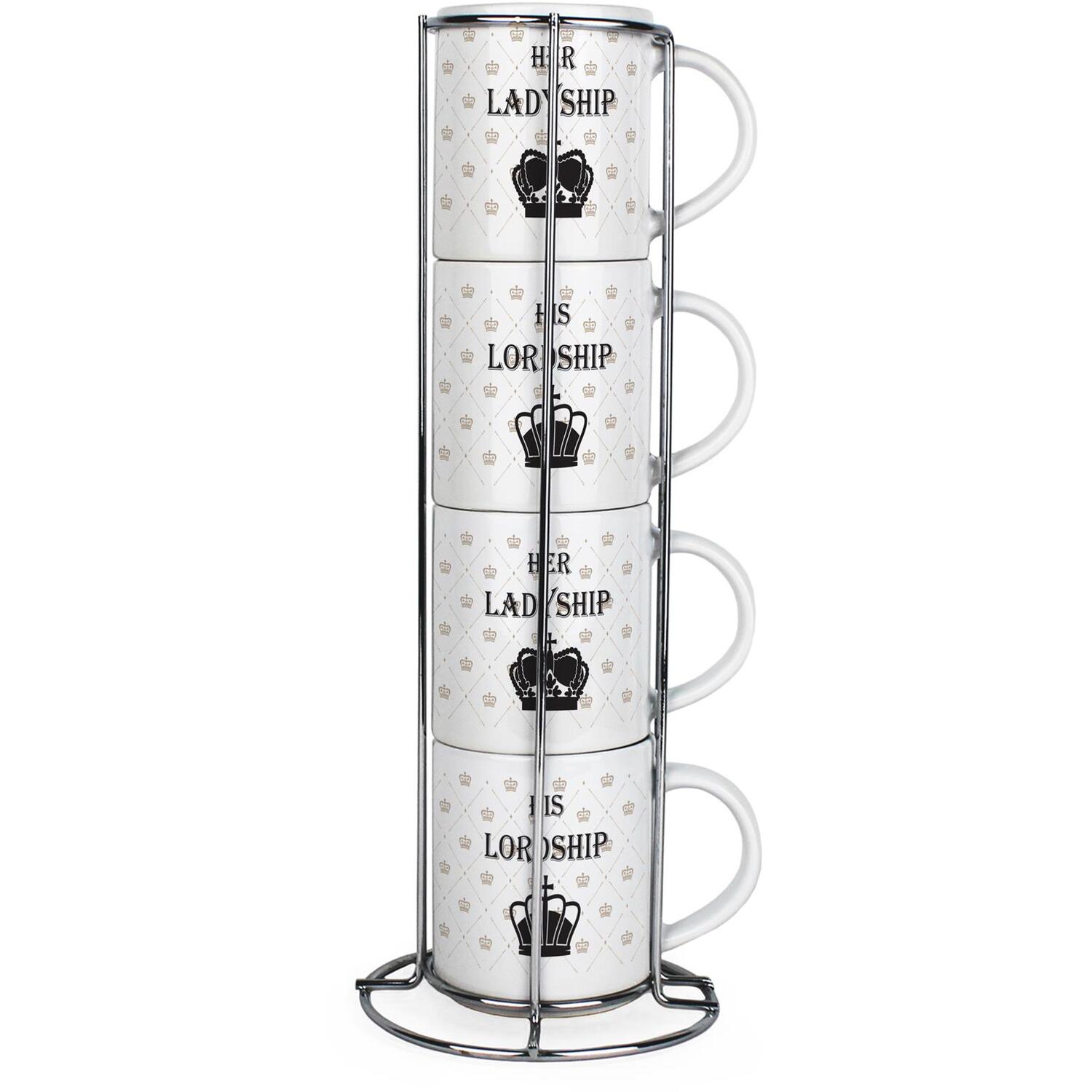 Purely Home Lord & Ladyship Small Stacking Mugs Gift - Set Of 4 Ceramic Cups With Metal Stand - Multicoloured