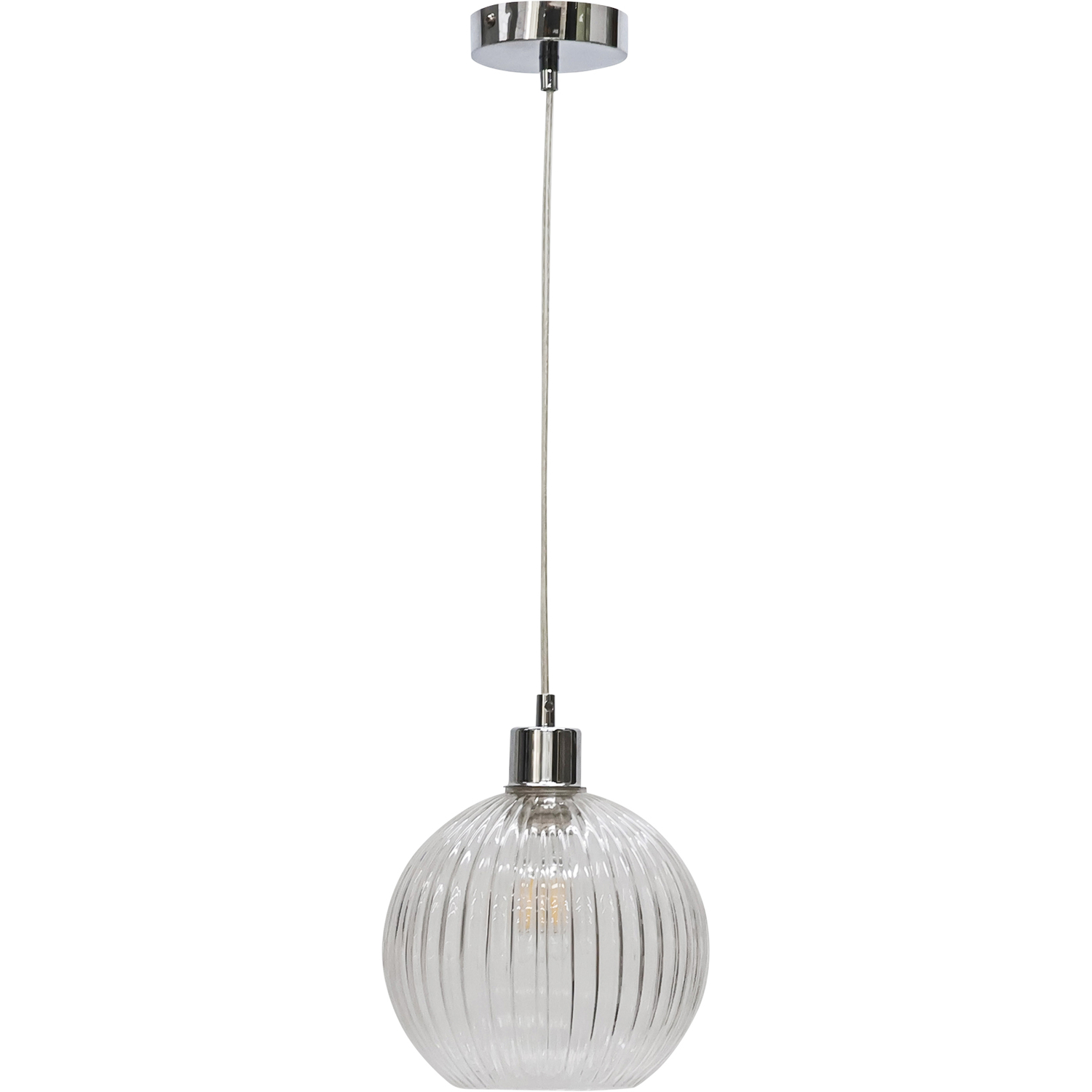 First Choice Lighting Betchley Clear Ribbed Glass Globe With Chrome Pendant Fitting - Chrome & Clear