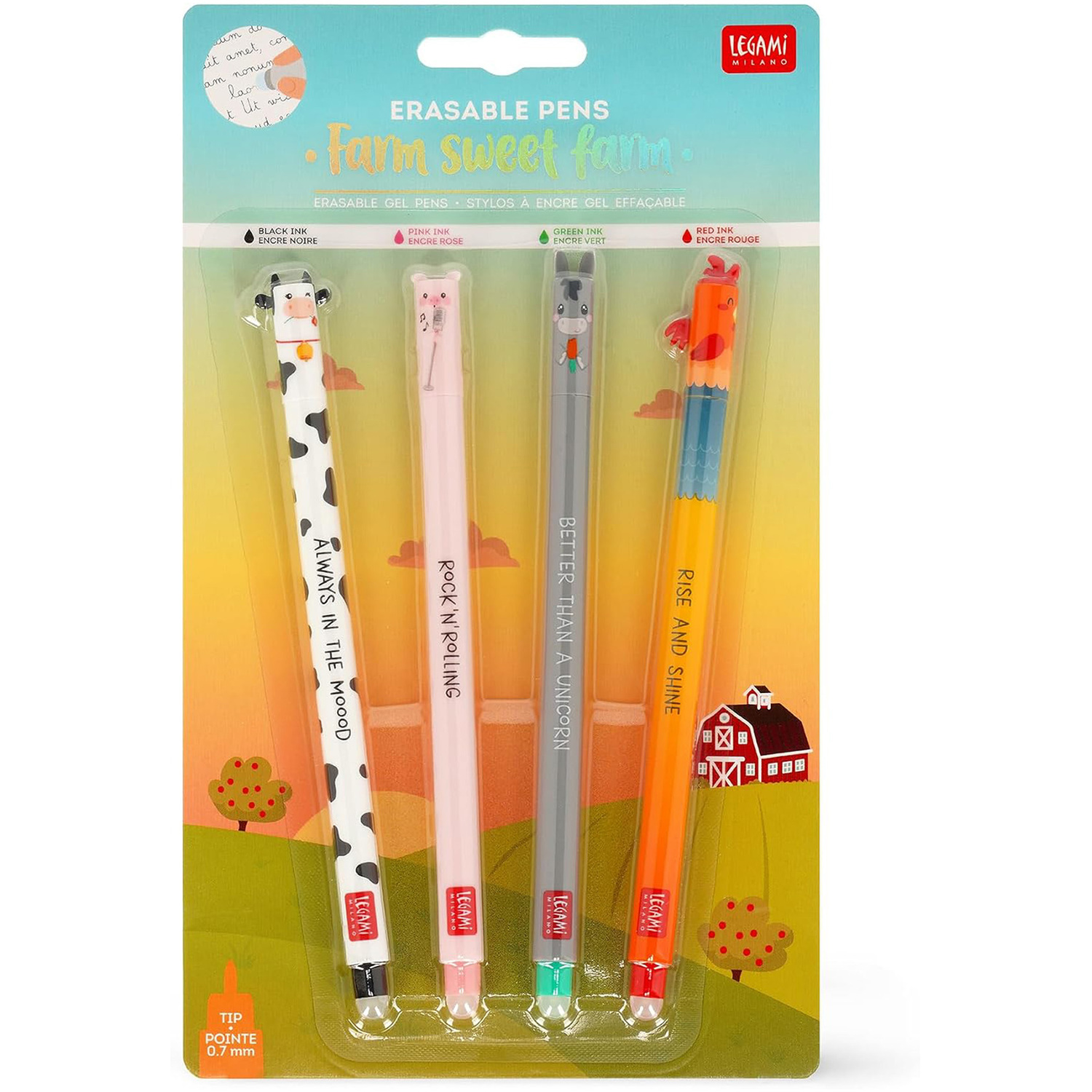 Legami Erasable Farm Pens Set of 4 Cow Pig Donkey Cockerel - Fun Gel Pens Gift - Image 7