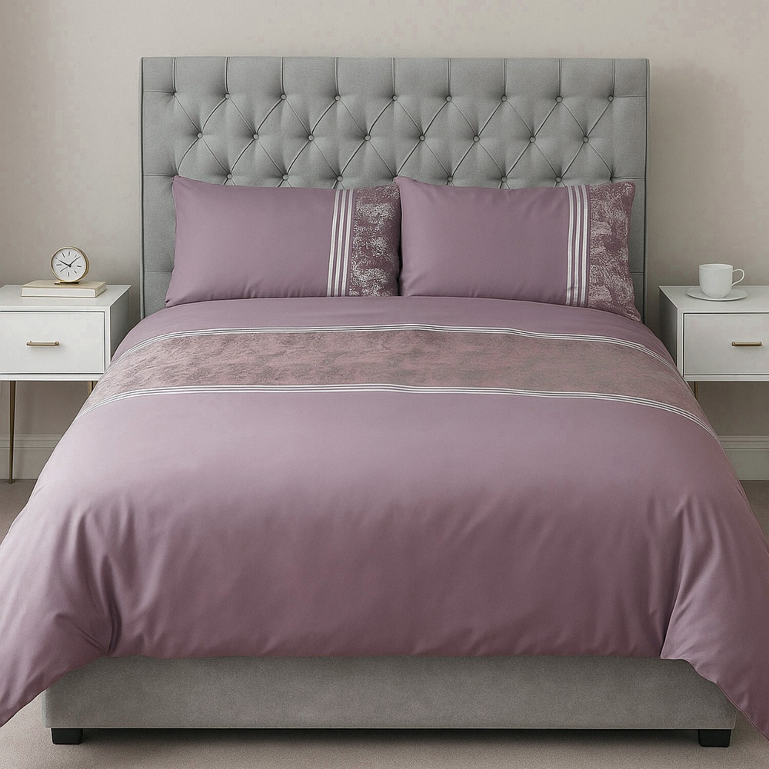 Voltico Mauve Velvet Panel Duvet Set - Single, Double & King | Size: Single
