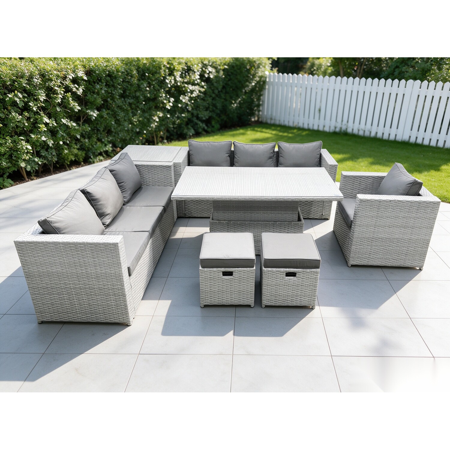 Rackhams Light/Grey 9 Seater Rattan Garden Furniture Set With Height Adjustable Rising Table, 2 Sofas, 1 Chair & 2 Footstools - Image 2