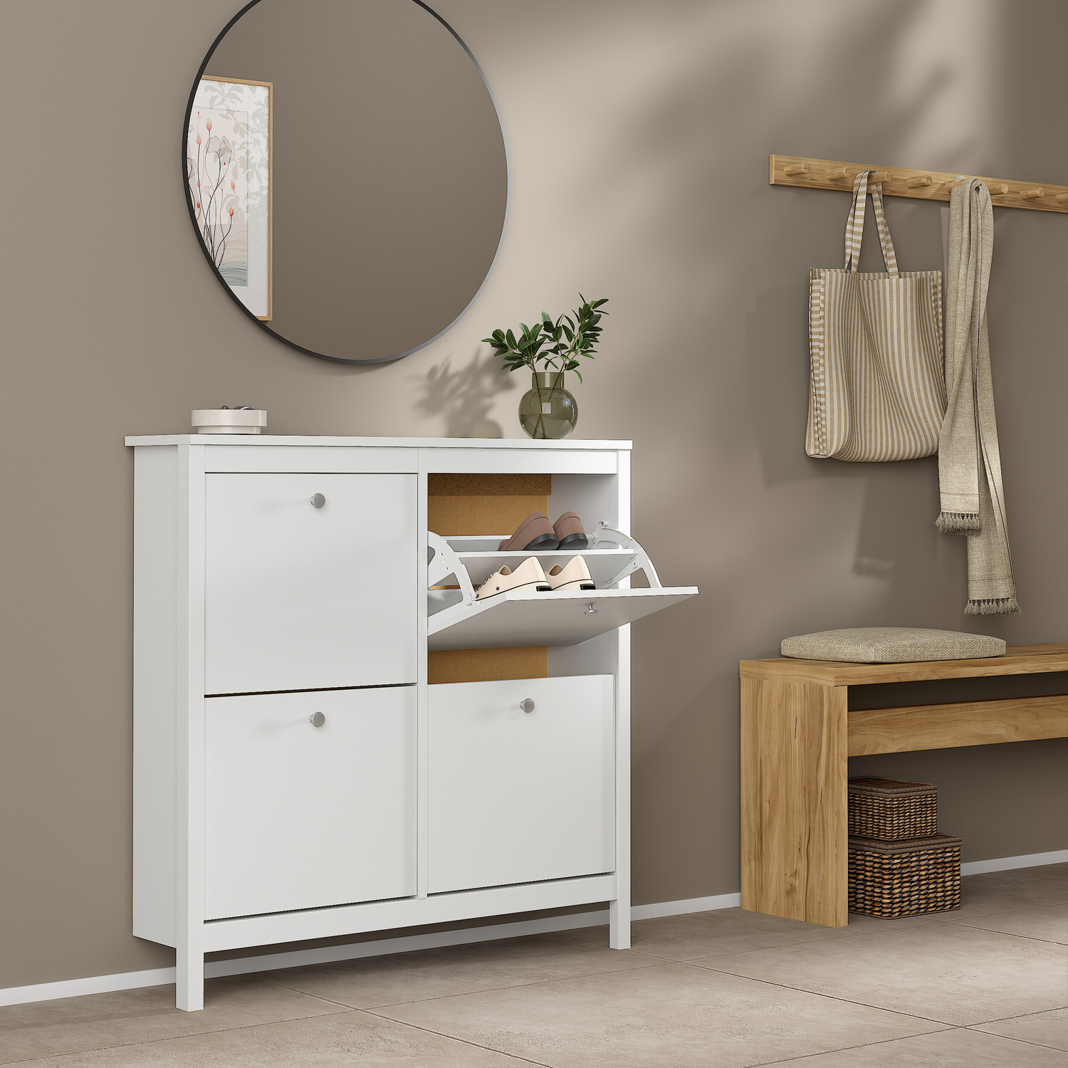 Florence Madrid 4 Flip Down Doors White Shoe Cabinet - Modern Storage - Wood and Metal - Image 3
