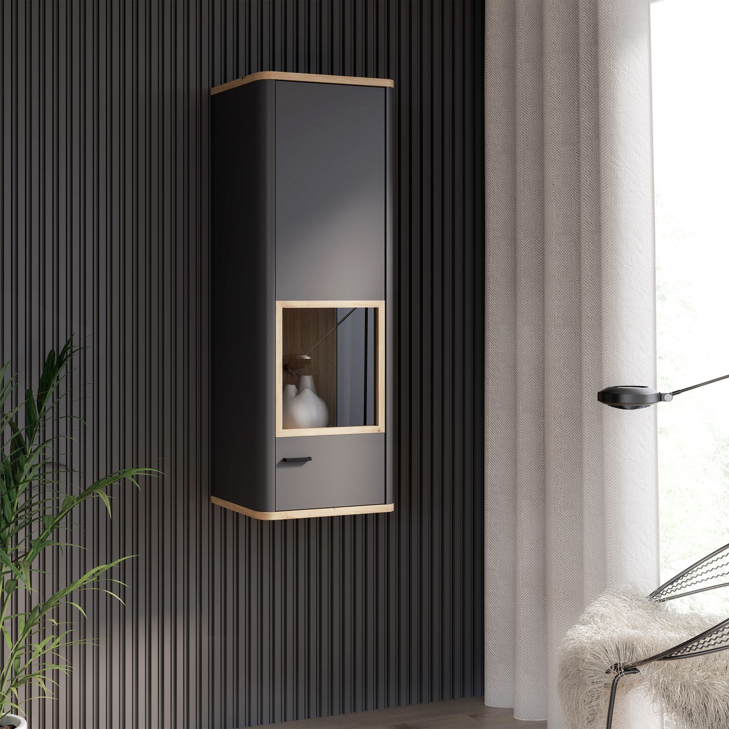 Furniture To Go Klara Display Cabinet With 1 Glass Door In Grey And Oak - Grey & Oak