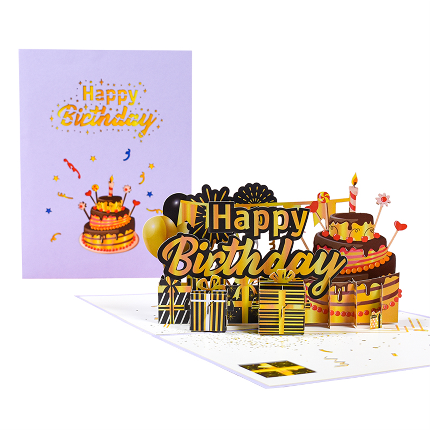 Layered Cake Design Black and Gold Accents 3D Pop Up Birthday Card - Image 2