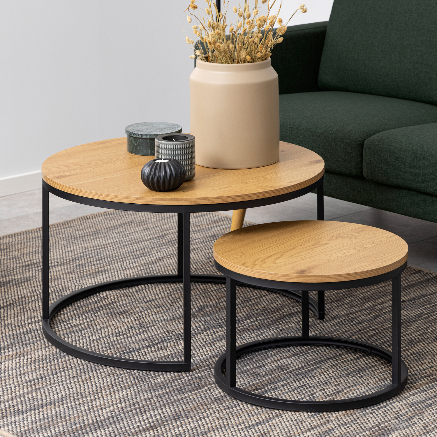 Furniture To Go Spiro Round Coffee Table Set With Oak Top & Black Legs - Oak