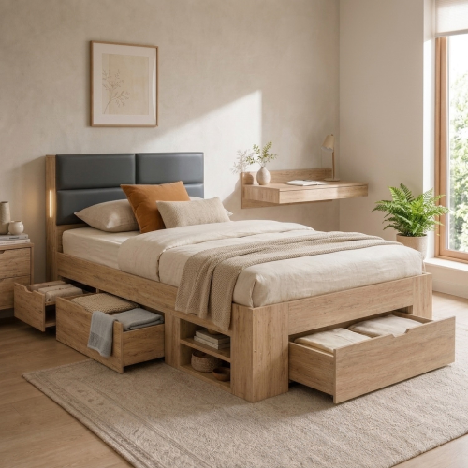 Aka Single Storage Bed With 3 Drawers, Shelves & Led - White
