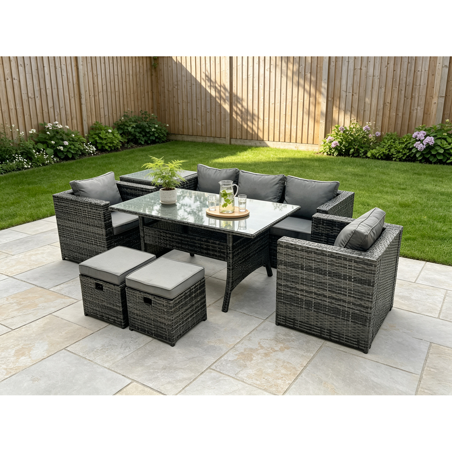 B&Q - 7 Seater Rattan Garden Furniture Set Patio Outdoor Rectangular Dining Table Lounge Sofa Chair With 2 Small Stools - Image 2