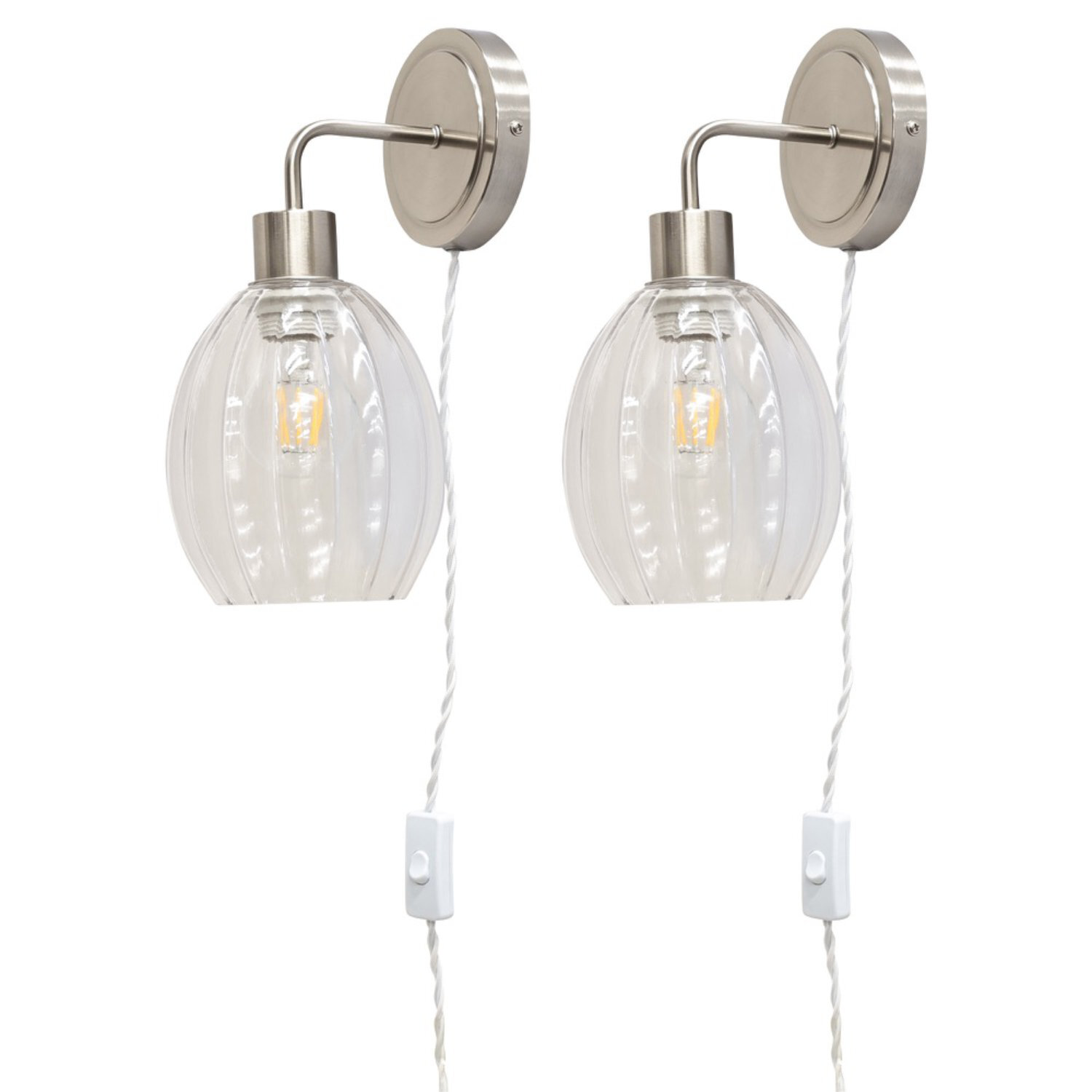 First Choice Lighting Set Of 2 Toby Satin Nickel Plug In Wall Lights Fluted Shades - Satin Nickel & Clear