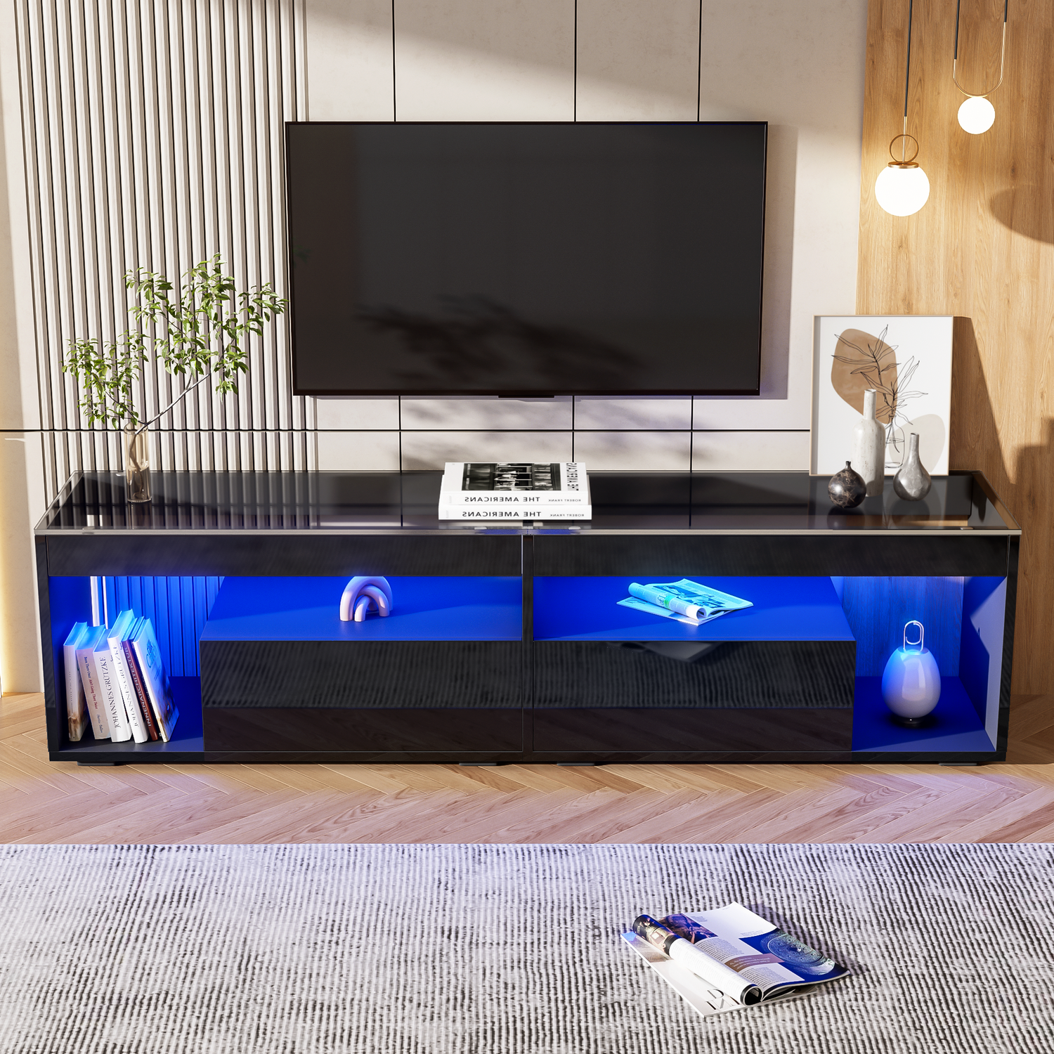 Aka High Gloss Tv Stand With 2 Drawers, Glass Top, Open Storage And Led Lights, Black - Black
