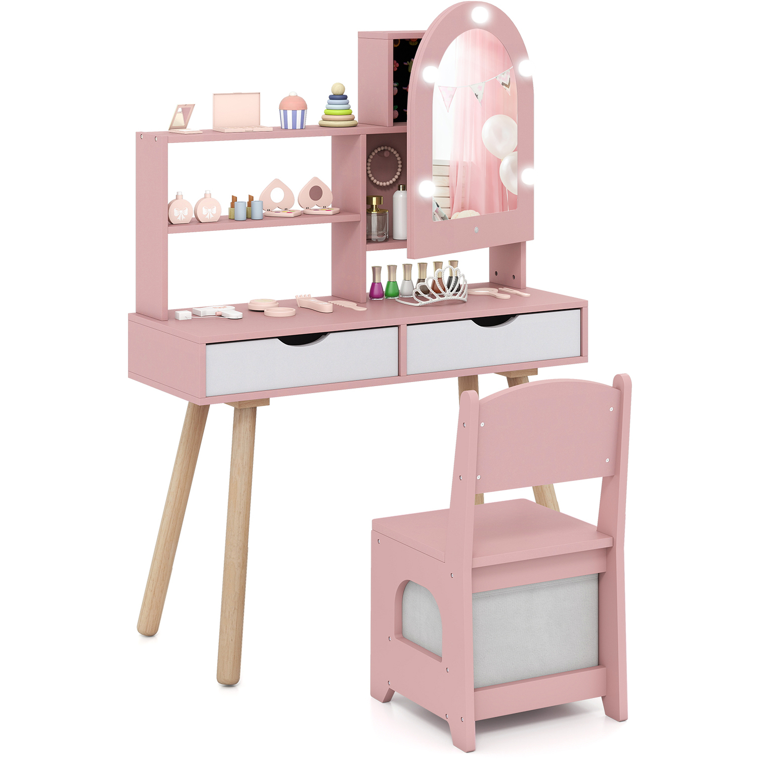Costway 2-In-1 Princess Girls Vanity Table And Chair Set With Mirror - Pink