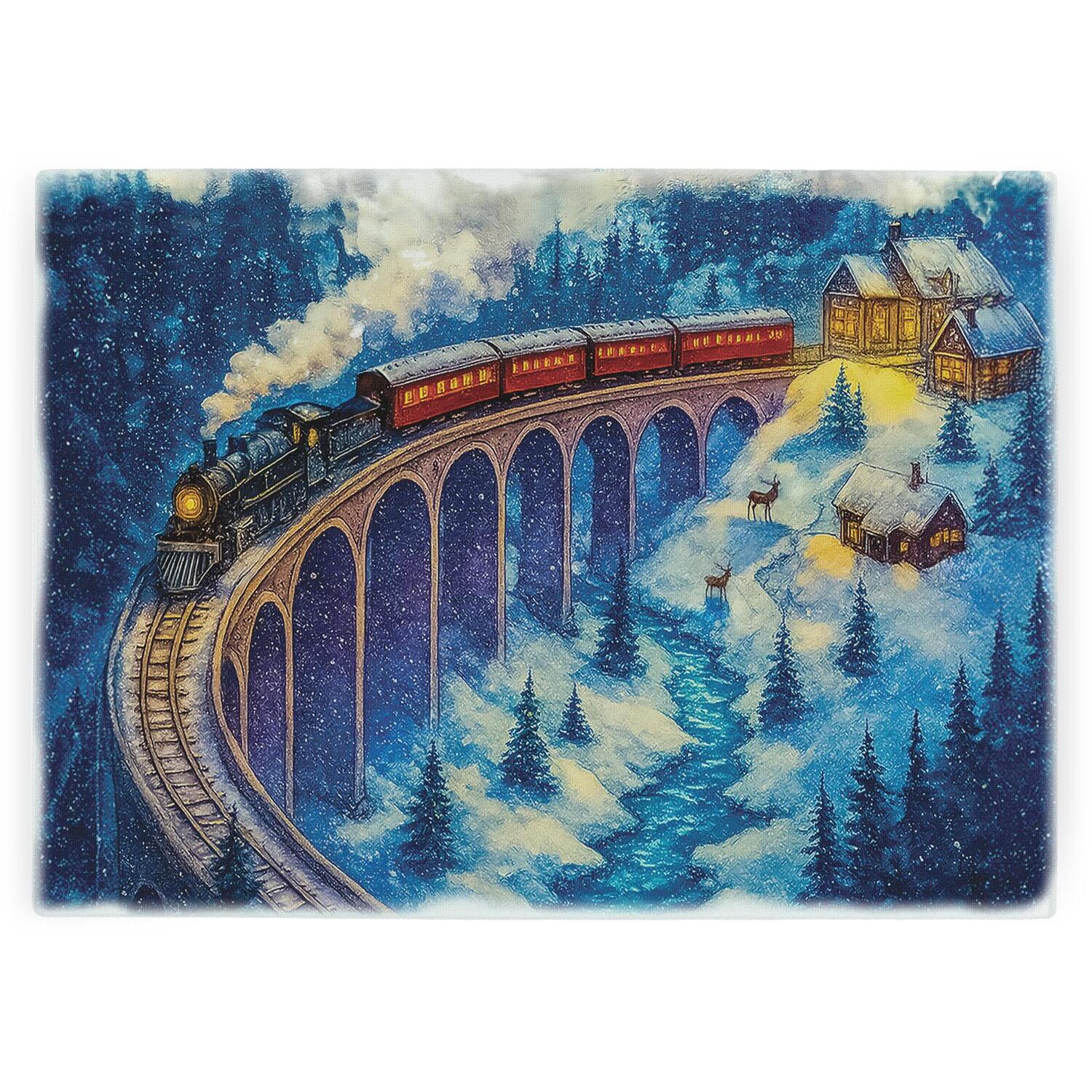 Purely Home Christmas Train Viaduct Textured Glass Worktop Protector - Large Kitchen Chopping Board - Multicoloured