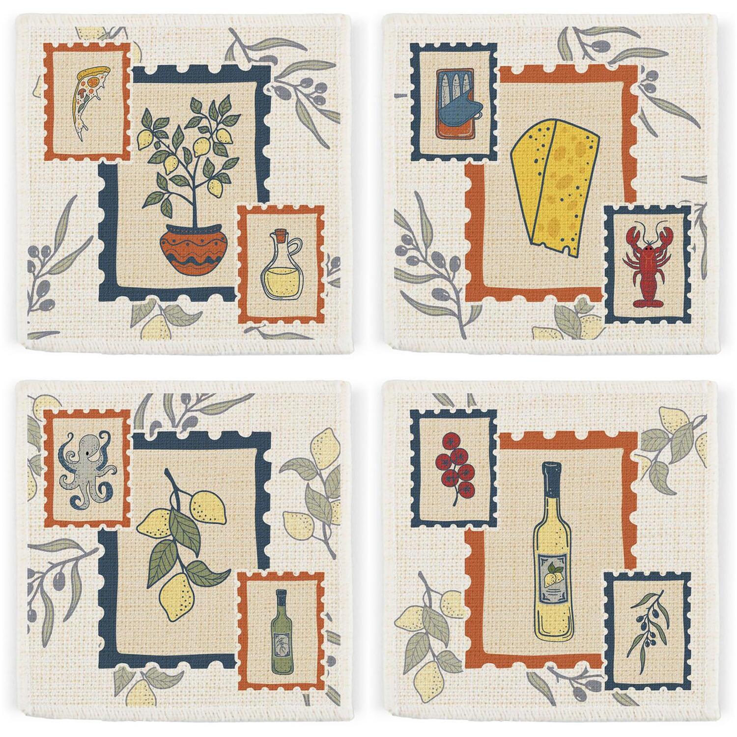 Purely Home Retro Foods Fabric Coaster Set - Italian Cuisines Coasters Gift - Set Of 4 - Black