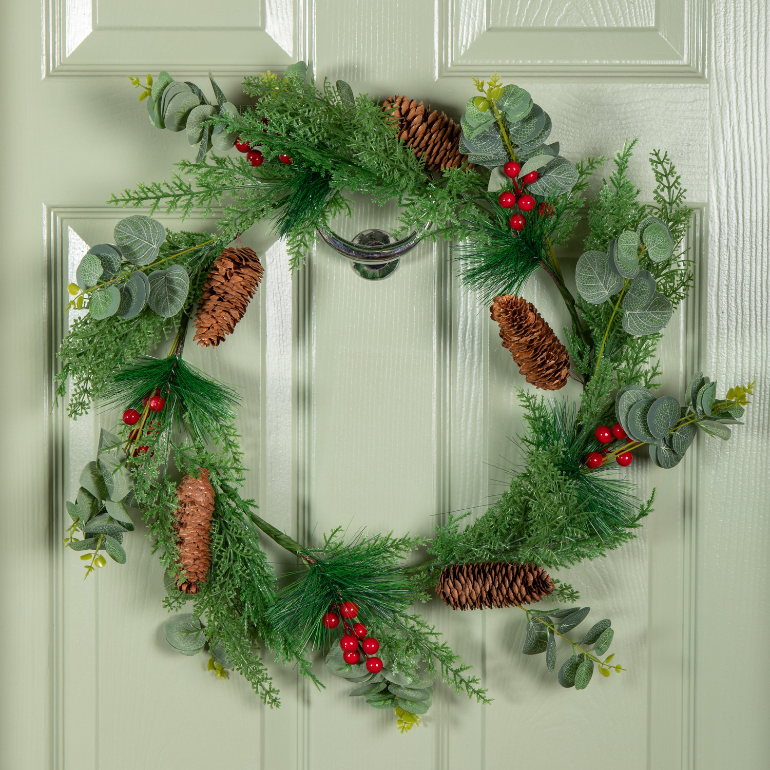 Red 50Cm Hanging Christmas Eucalyptus Wreath With Berries And Pinecones - Image 3