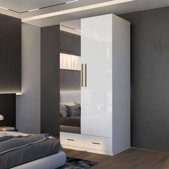 Modern High Gloss Hinged Wardrobe with Mirror and Drawers