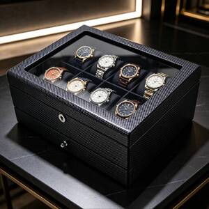 WestWood Black Carbon Fibre Wooden Watch Box Drawer Organiser Key Lock WCB01