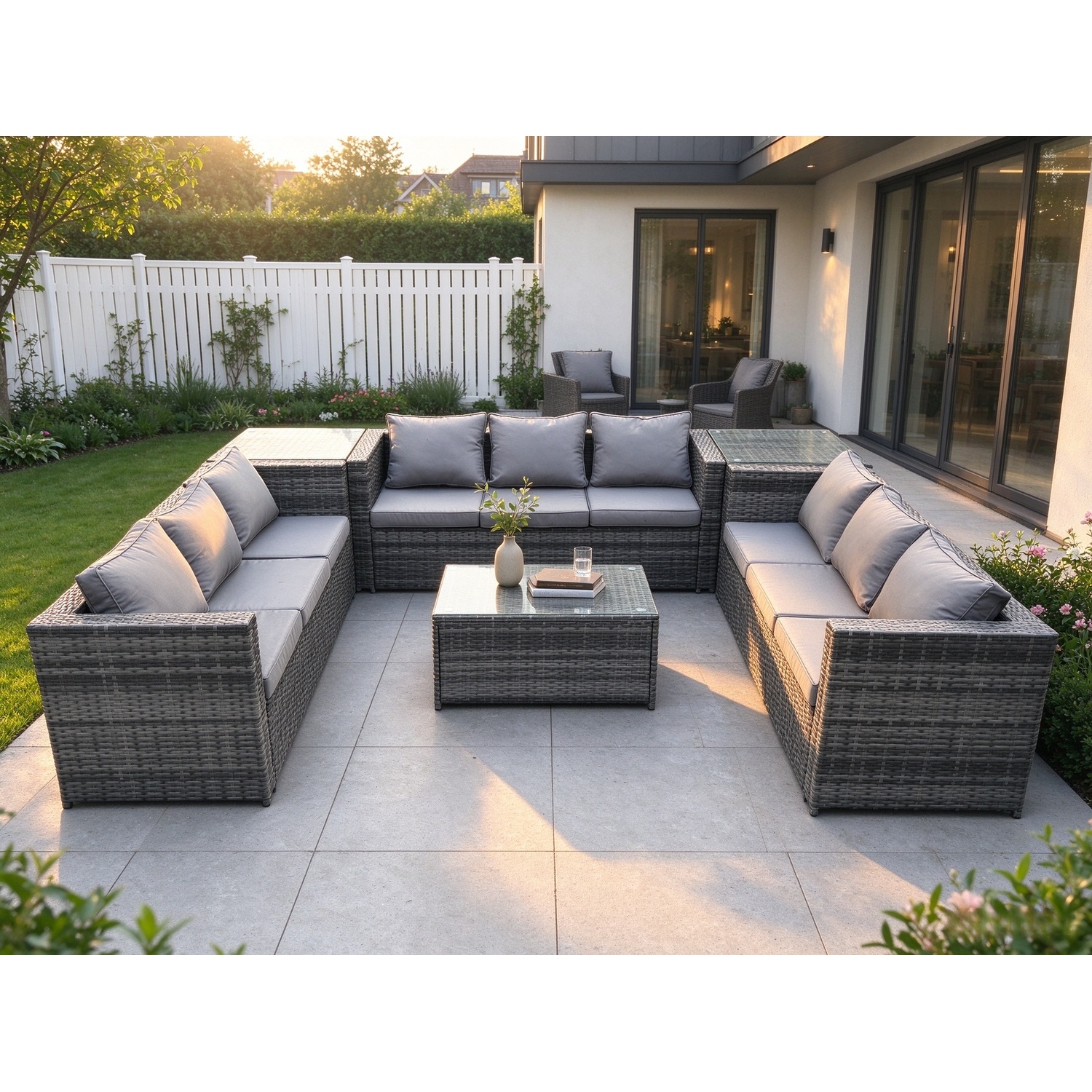 B&Q - 9 Seater Outdoor Lounge Sofa Set Wicker Rattan Garden Furniture Set With Oblong Coffee Table Side Tables Dark Grey Mixed - Image 2