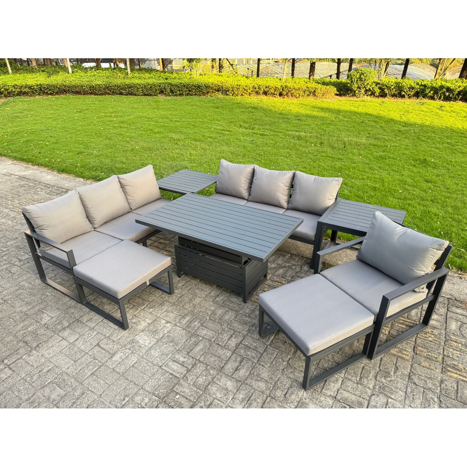 B&Q - Garden Aluminium Furniture Set 9 Seater Adjustable Rising Lifting Dining Table With 2 Big Footstools 2 Side Table Dark Grey - Image 3