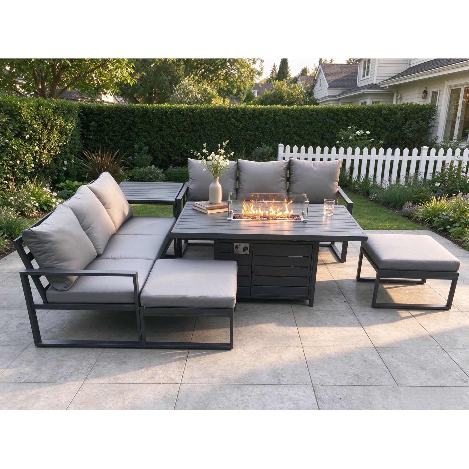 Fimous Dark/Grey Aluminium Outdoor Lounge Sofa Garden Furniture Sets Gas Fire Pit Dining Table Set With 2 Big Footstools Side Table - Image 2