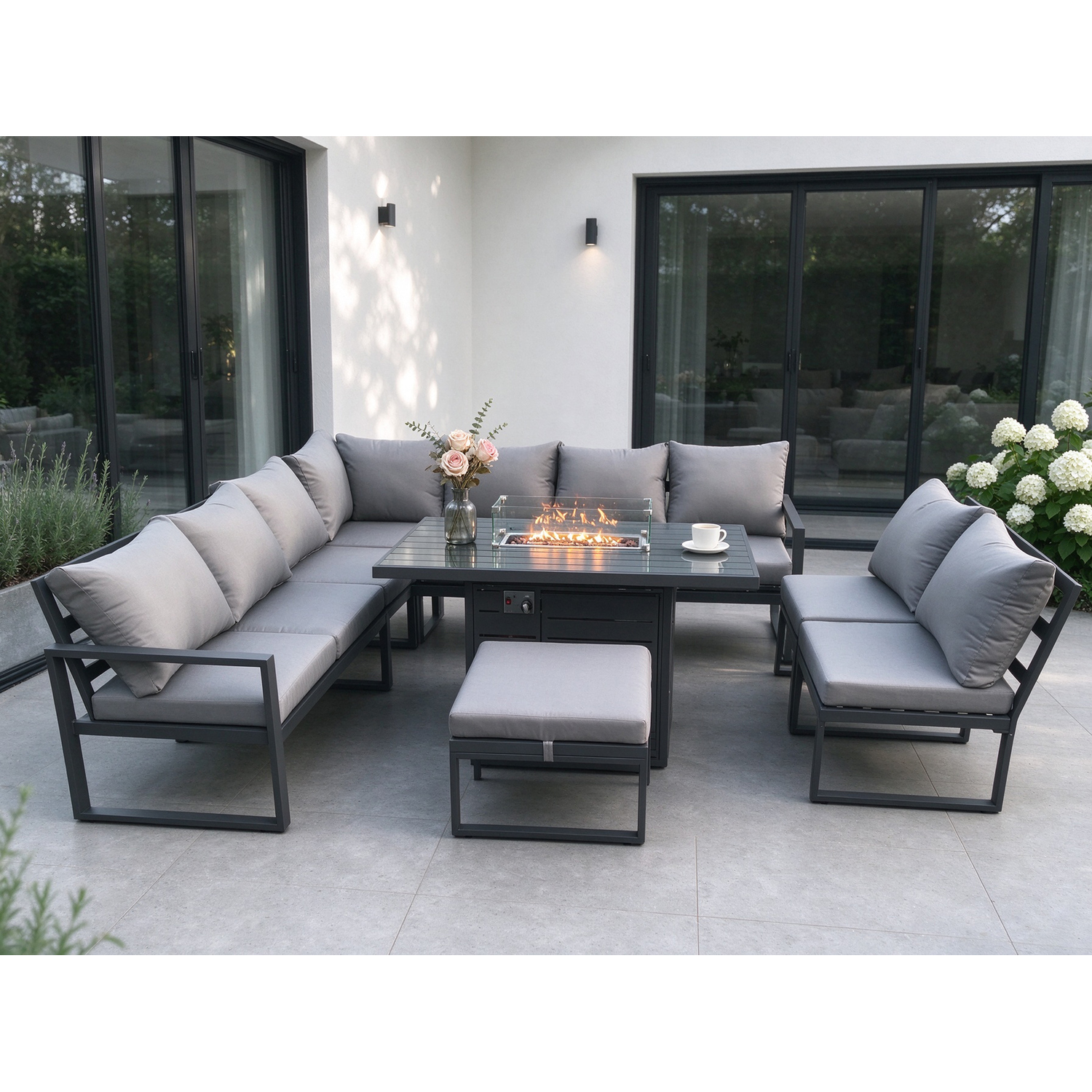 Fimous Aluminium 10 Seater Lounge Corner Sofa Outdoor Garden Furniture Sets Gas Fire Pit Dining Table Set With Big Footstool Dark Grey - Image 3