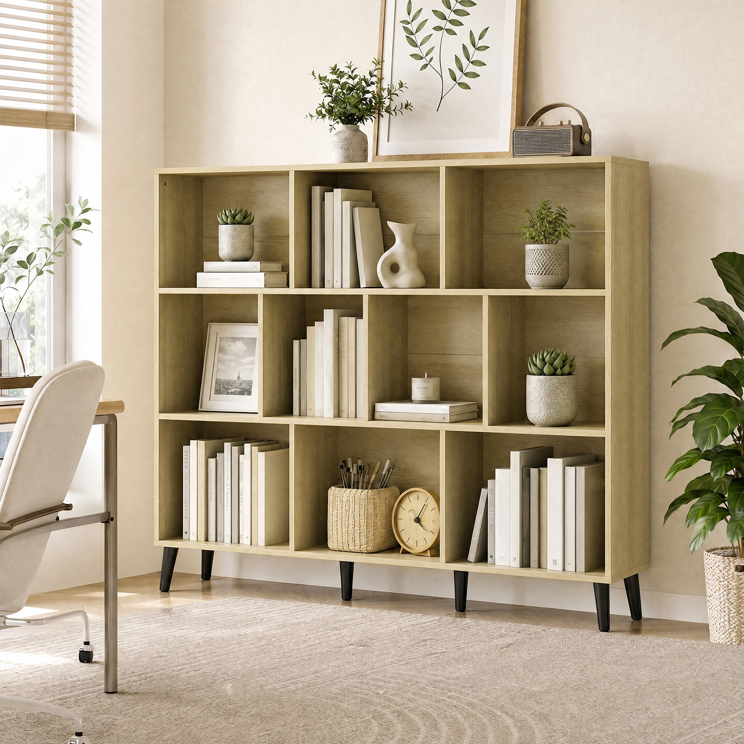 Homcom 3-Tier Bookshelf With 10 Cubbies, Book Shelf With Wood Legs, Oak - Image 3