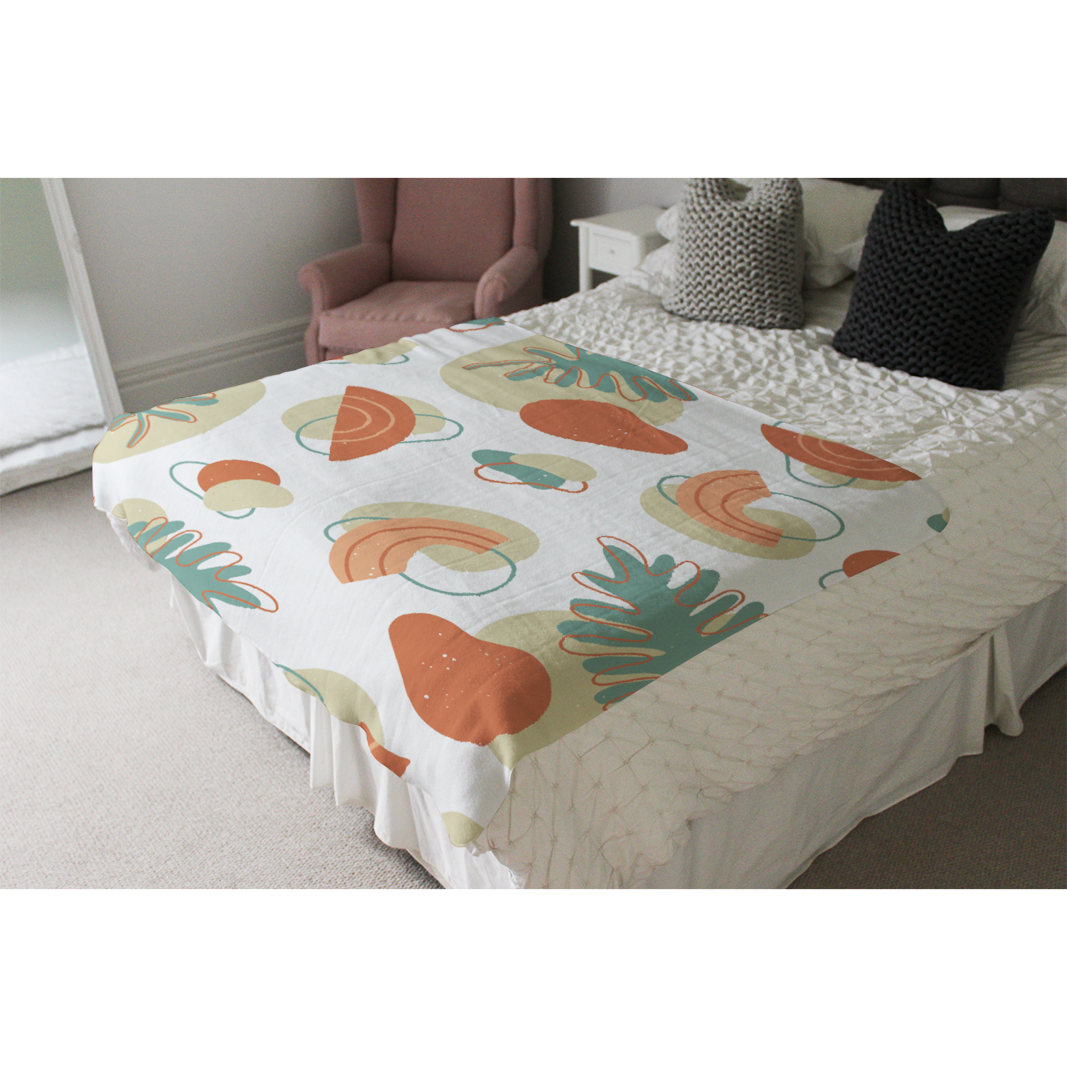 Line Art And Botanical Elements Blanket - Green