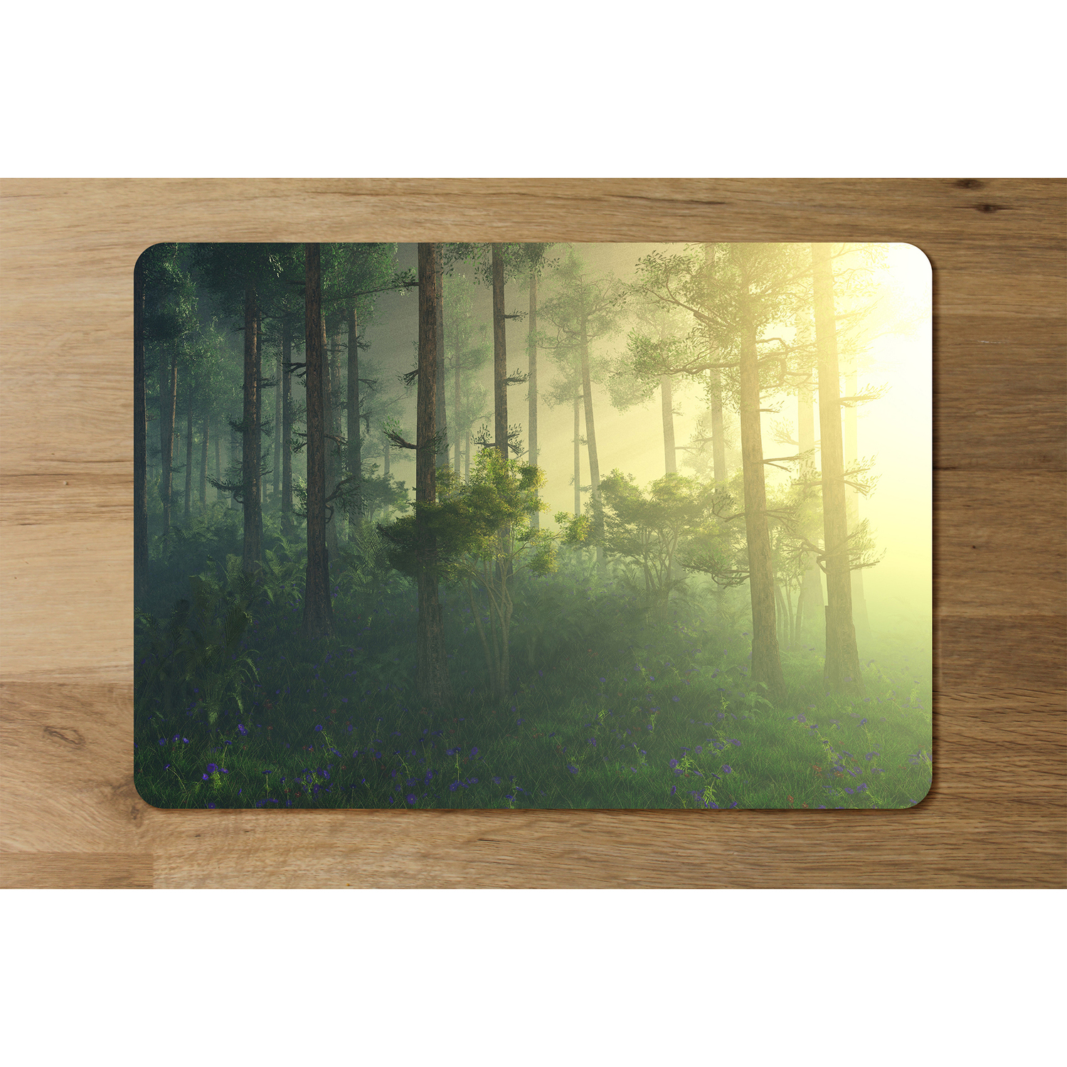 Sun, trees in a haze of light, glowing fog among the trees Designer Placemat Set - Green