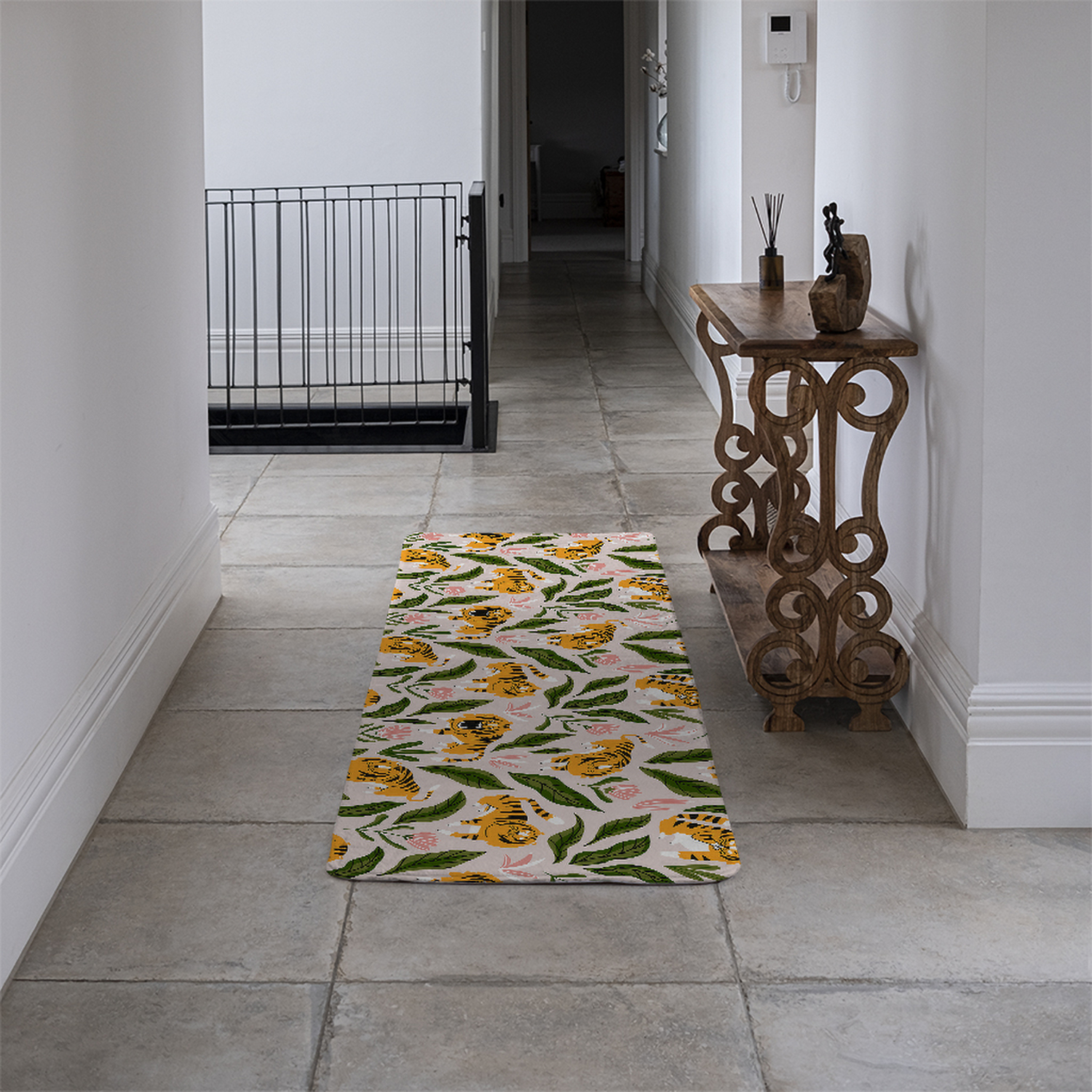 cute tigers and tropical leaves and flowers Designer Runner Rug - Green