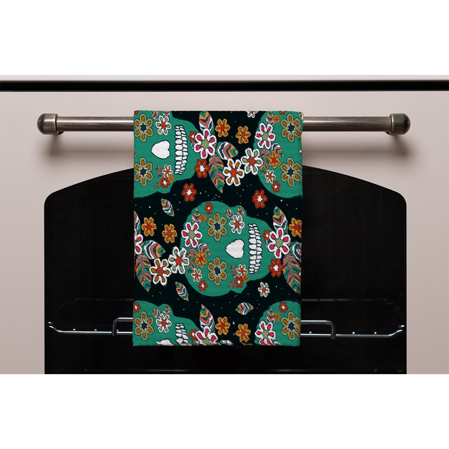 Embroidery Colorful Simplified Ethnic Flowers And Skull Pattern Kitchen Towel - Green