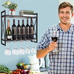 2 Layer Wall Mounted Wine Rack with Stemware Hanger Wall Red Wine Glass Holder