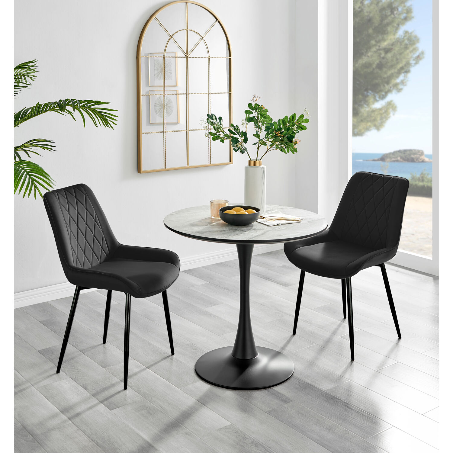 Elina White Marble Effect Round Dining Table And 2 Pesaro Black Leg Chairs - Black