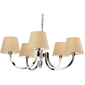 Fairmont 5 Light Multi Arm Chandelier Polished Stainless Steel, Cream Linen