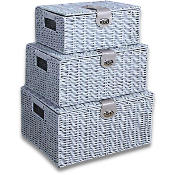 3x Wicker Grey Storage Baskets