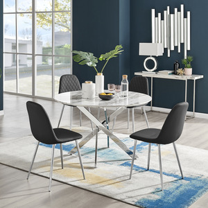 Novara White Marble Effect 120cm Dining Table  4 Corona Silver Chairs