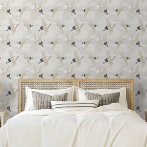Oriental Japanese Birds Cranes White Blue Metallic Silver Feature Wallpaper
