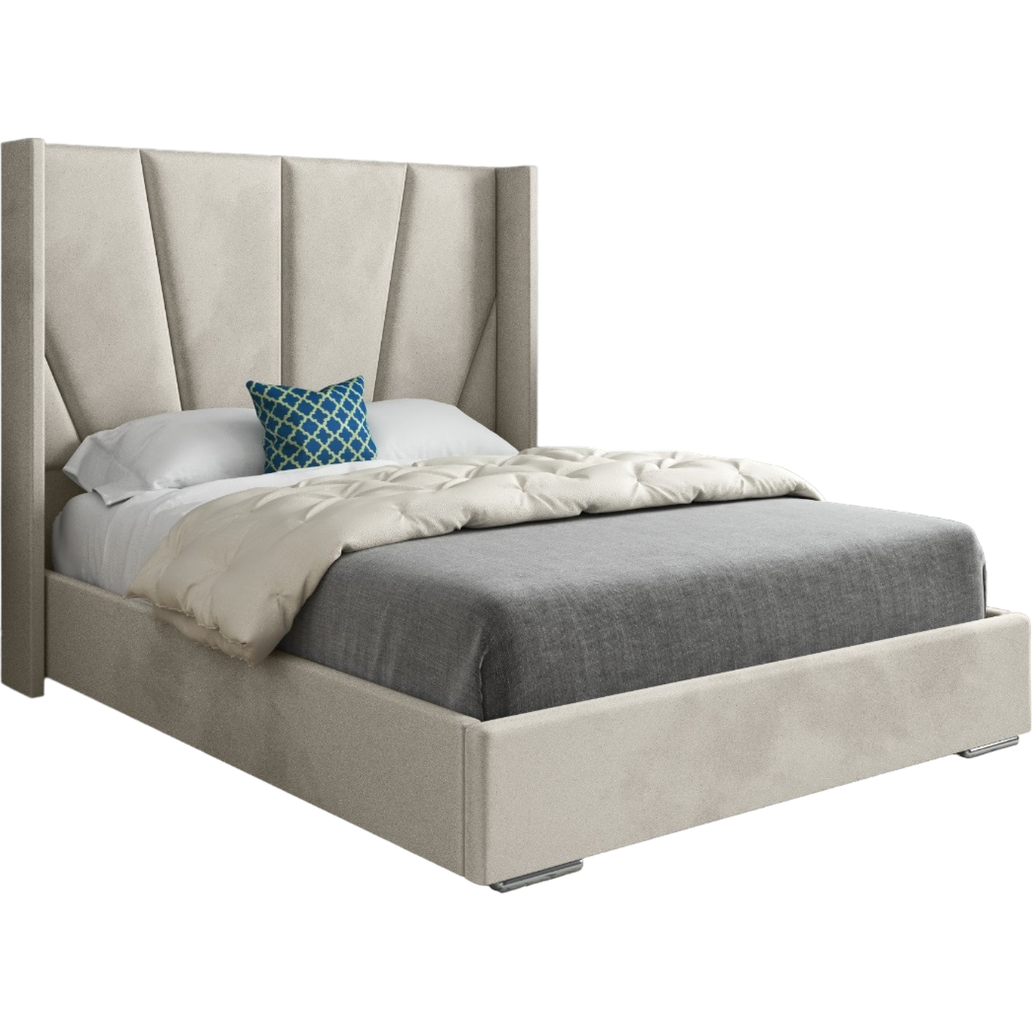 Bellini Wide Curved Winged Upholstered Soft Velvet Bed Frame - Cream King