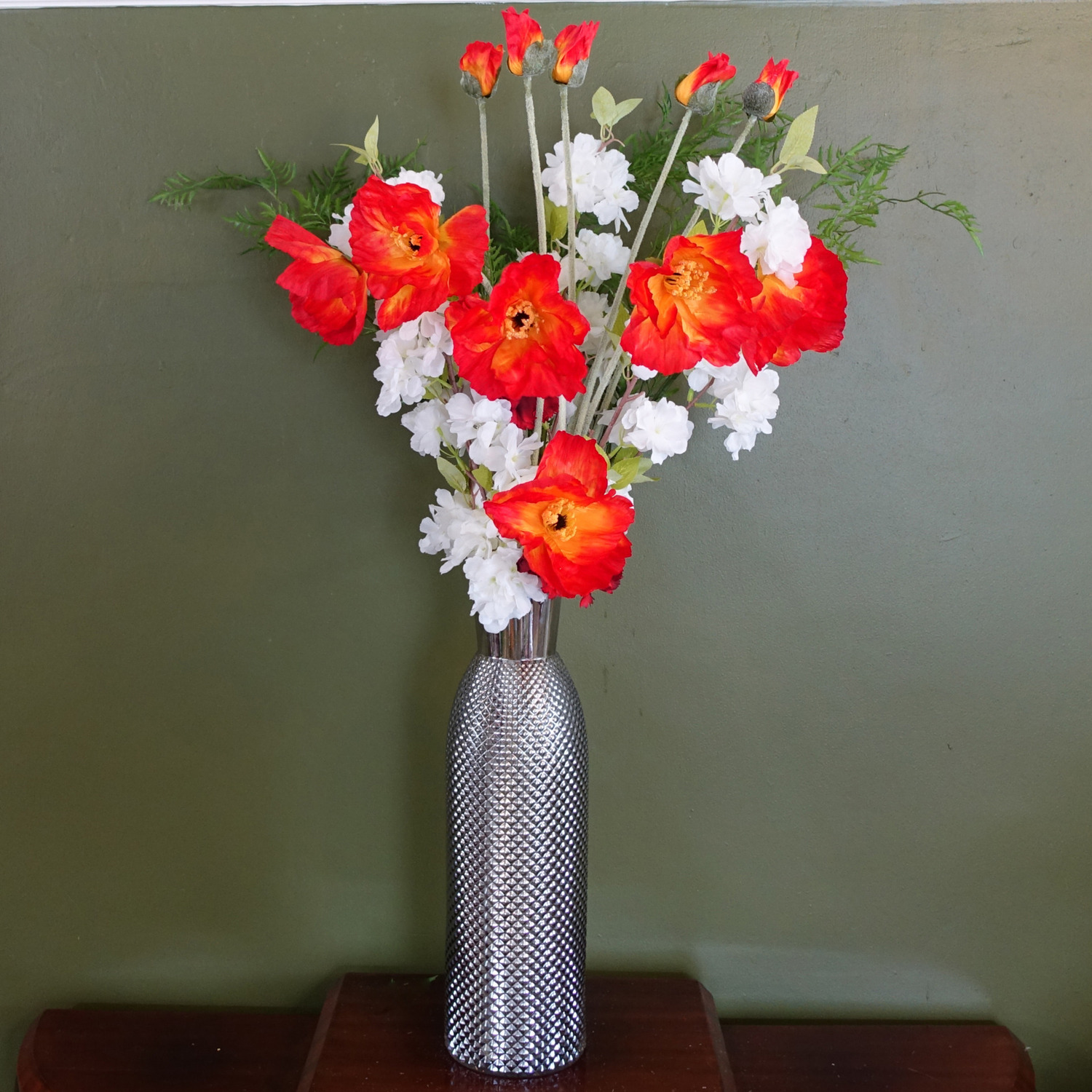 Poppy and White Blossom Arrangement Glass Vase - Poppy White Blossom Glass Vase