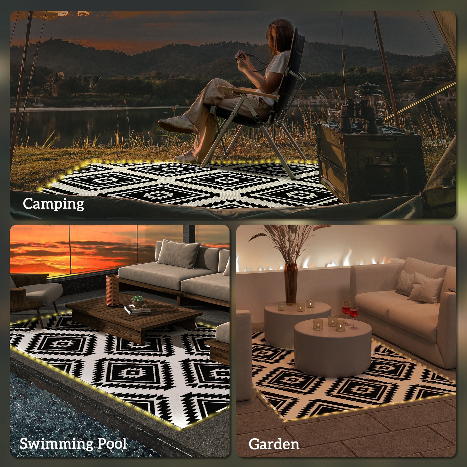 Reversible Outdoor RV Rug with LED String Light 844-836V00MX
