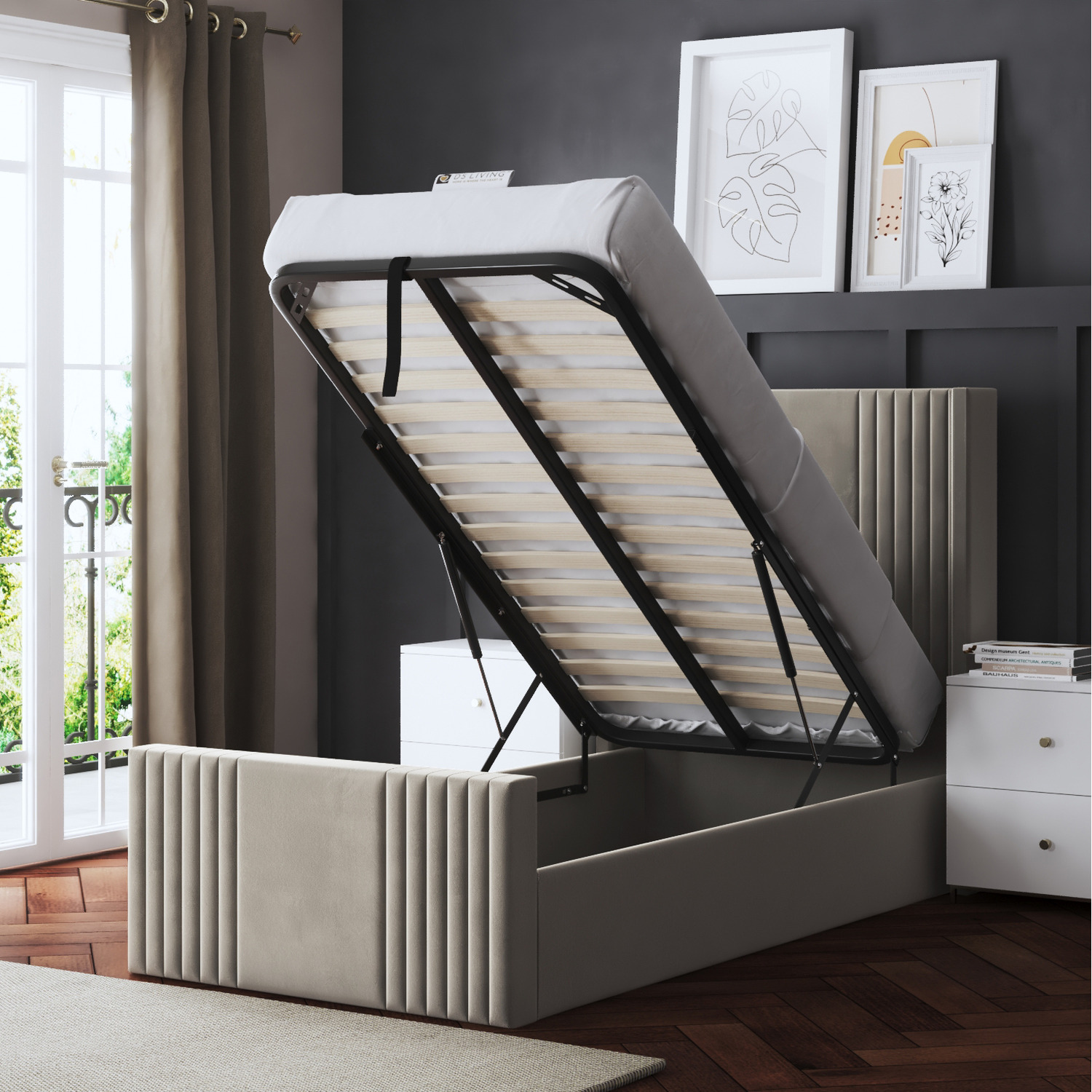 Elara Winged Ottoman Panel Bed With Headboard - Beige King