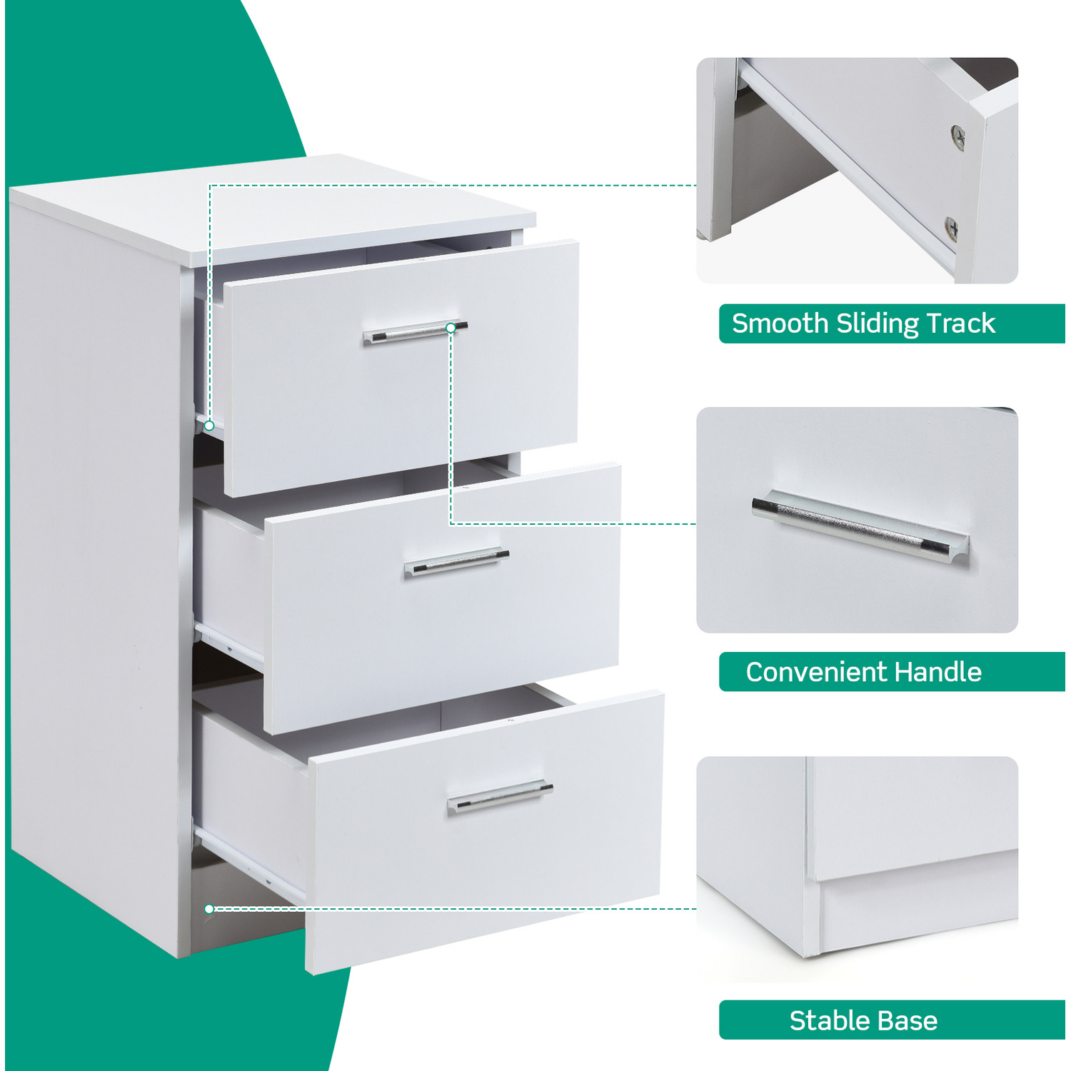 Bedside Table With 3 Drawers - White