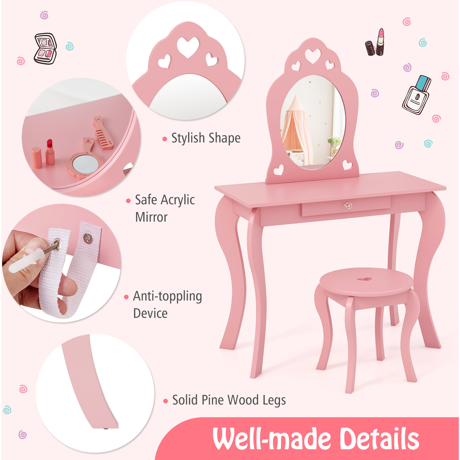 Kids Vanity Table And Stool 2 In 1 Girls Makeup Dressing Table - Pink