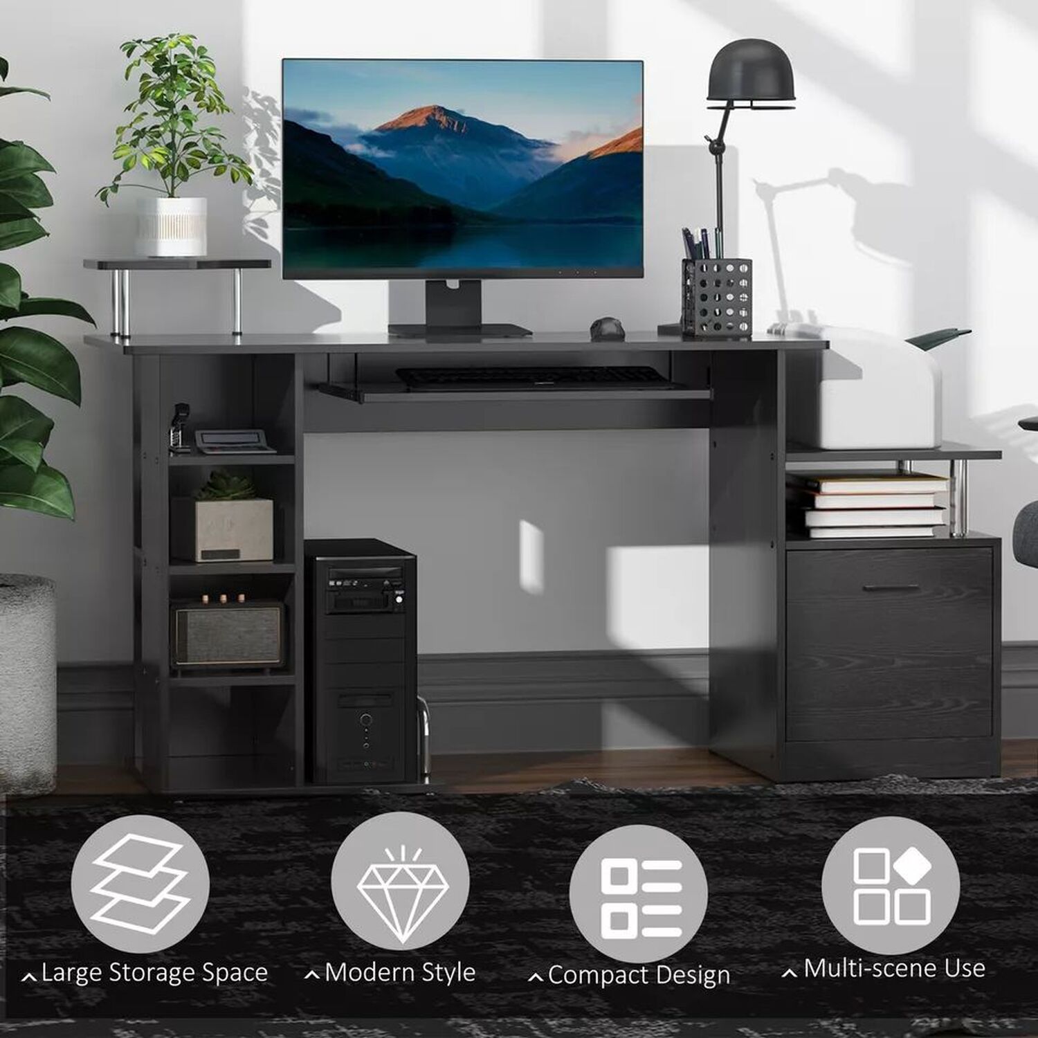 Modern Computer Desk With Drawers - Black